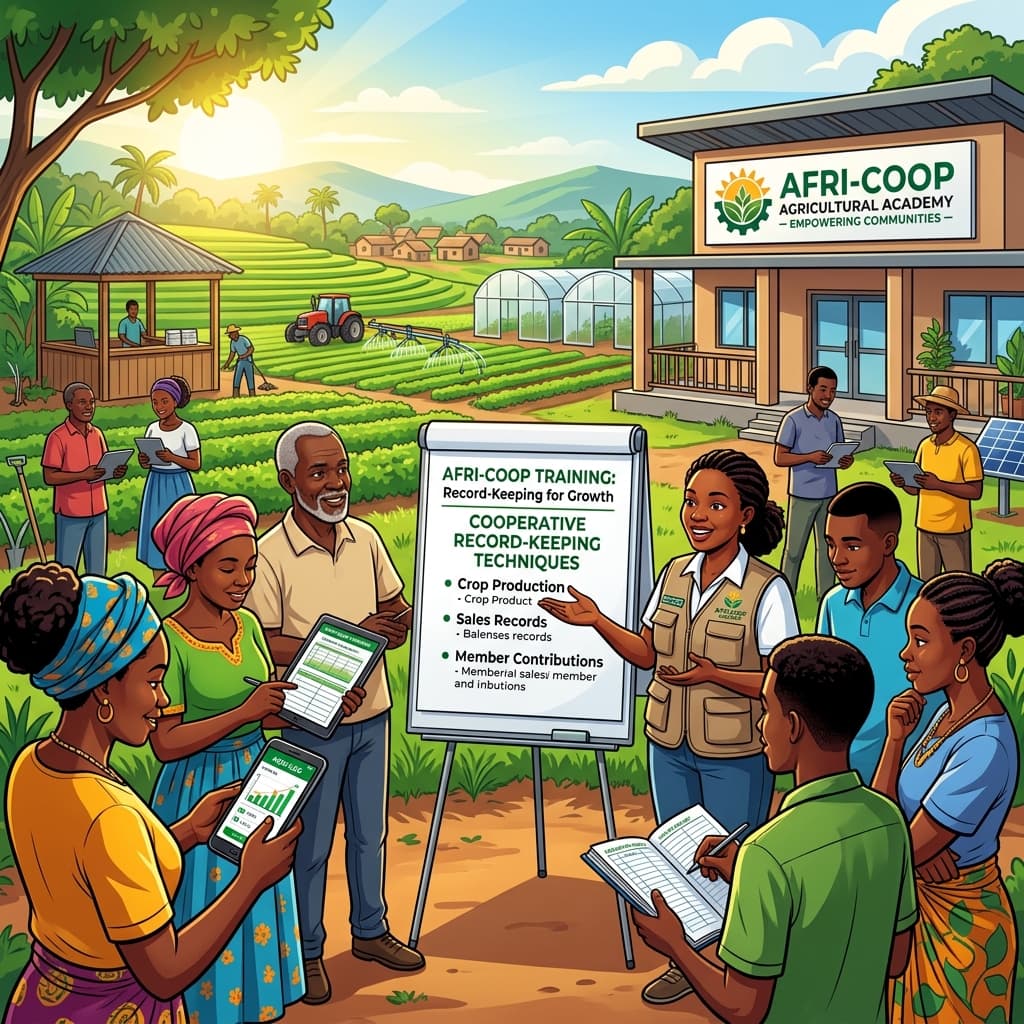A local agriculture image from Epe/Lagos: mixed farming, aquaculture, vegetables, cassava, poultry, fish ponds, cooperative farmers or produce movement.