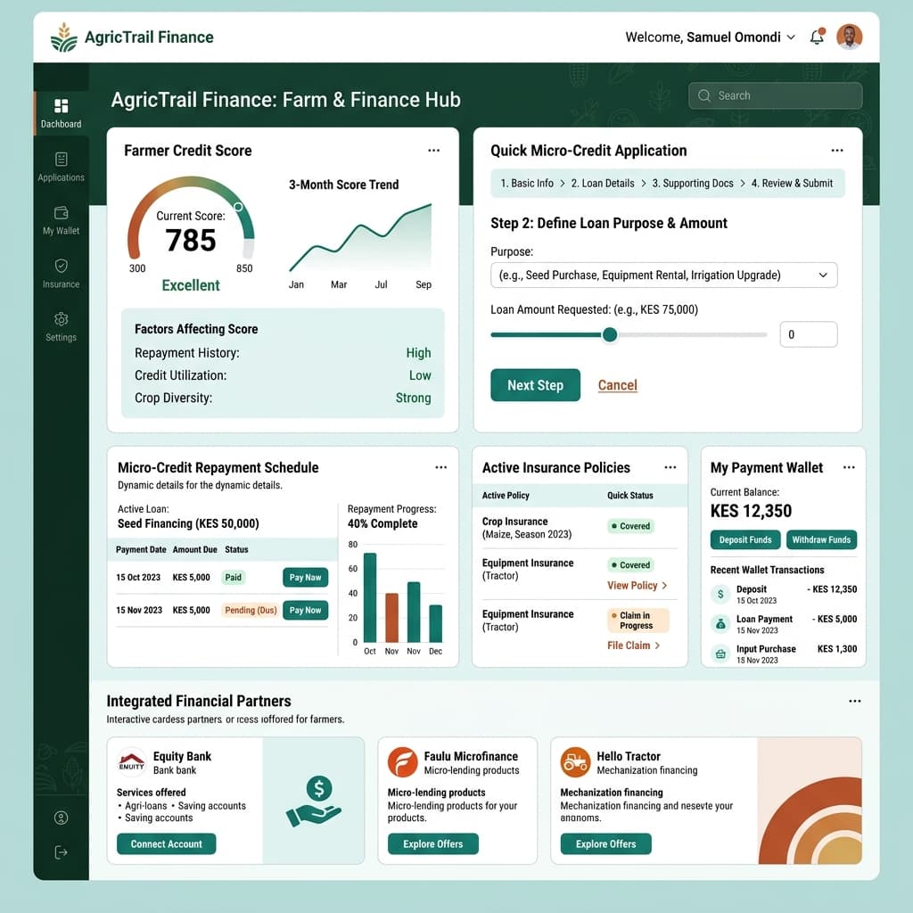 AgricTrail Finance dashboard showing farmer financial profile, credit readiness, payments, insurance and loan tracking.