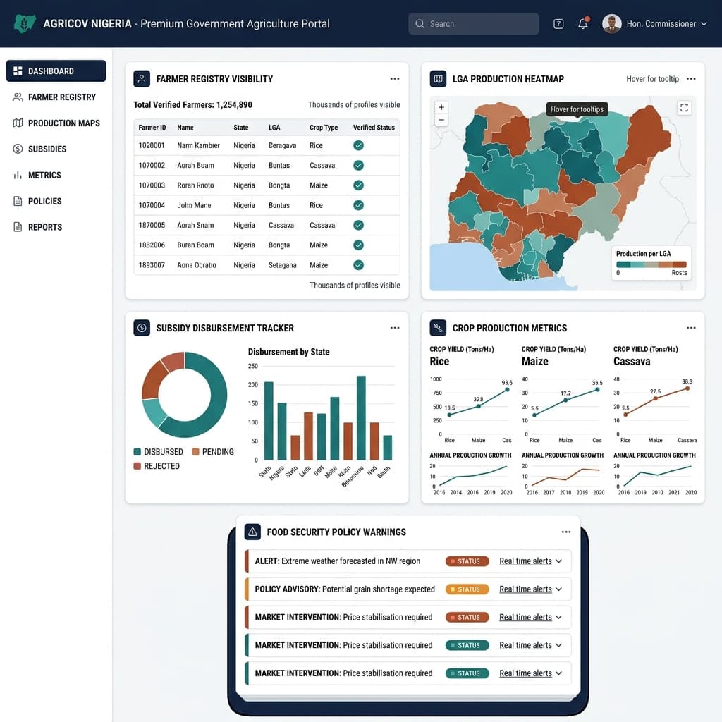 A public-sector agriculture dashboard showing farmer distribution, production data, subsidy programs, cooperative locations and food security indicators.