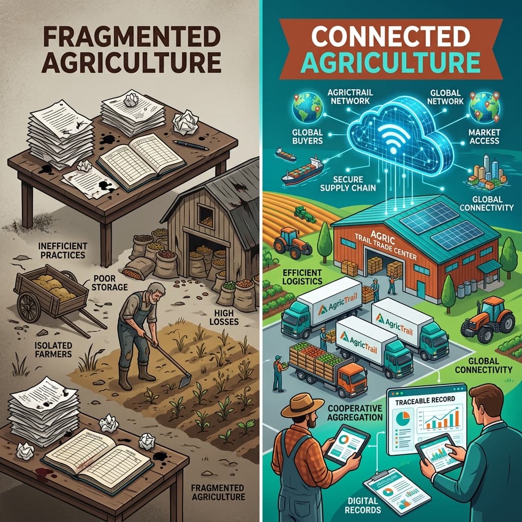 AgricTrail modules working together across farm records, cooperative aggregation, trade, services, finance, traceability and insights.