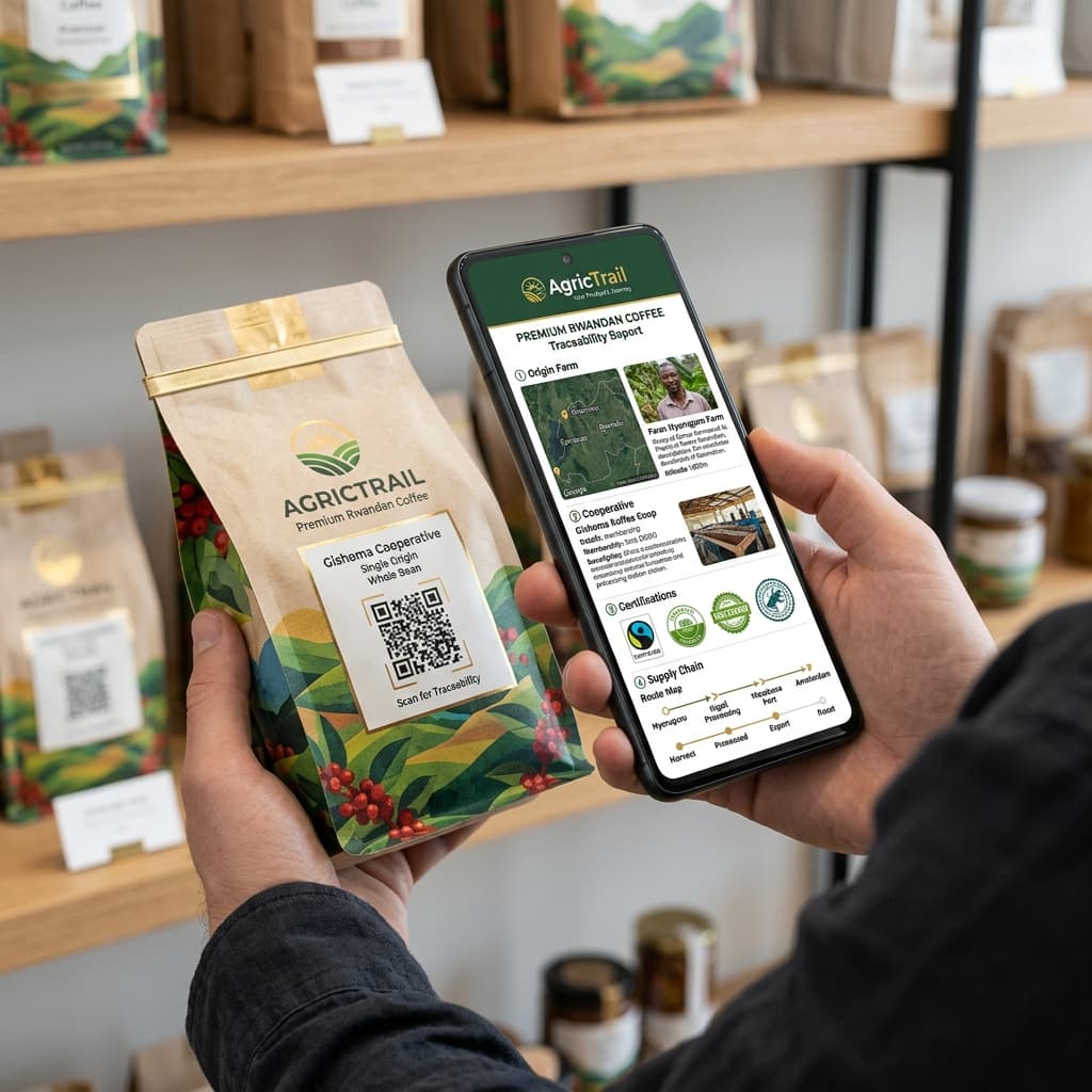 AgricTrail Consumer Traceability showing QR-powered product origin, batch records, food safety data and retail transparency.