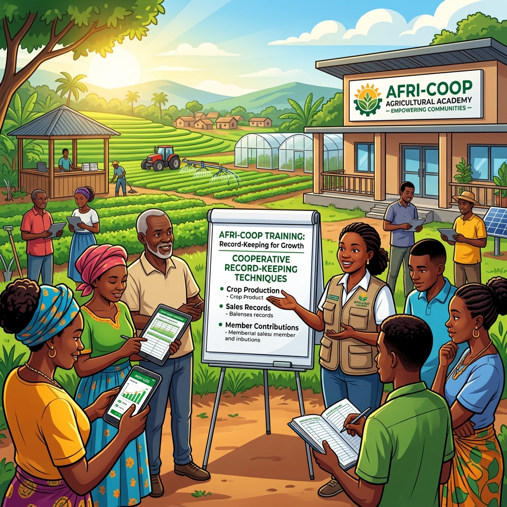 A cooperative meeting with farmers, leaders and a field officer reviewing member records on a tablet.