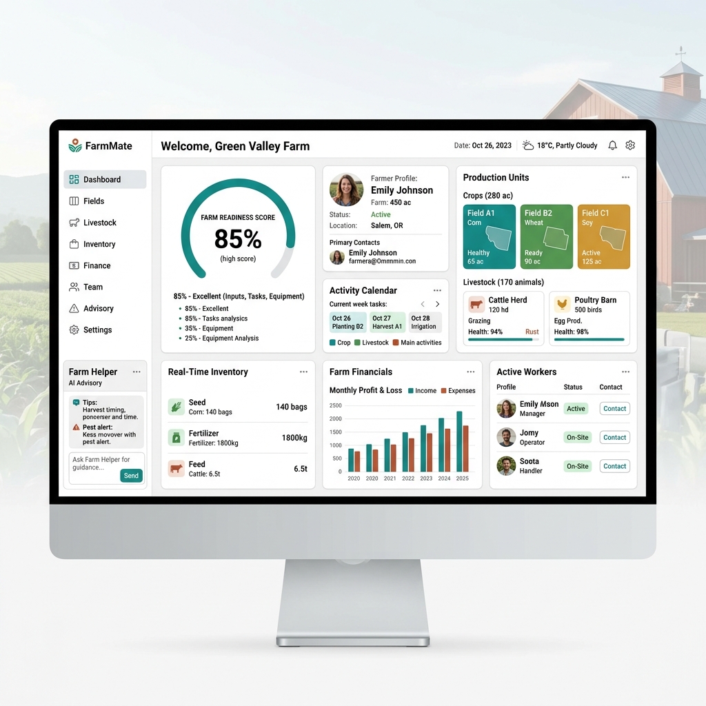 FarmMate dashboard showing farm profile, farm readiness, production records, inventory, finance, workers and AI advisory.