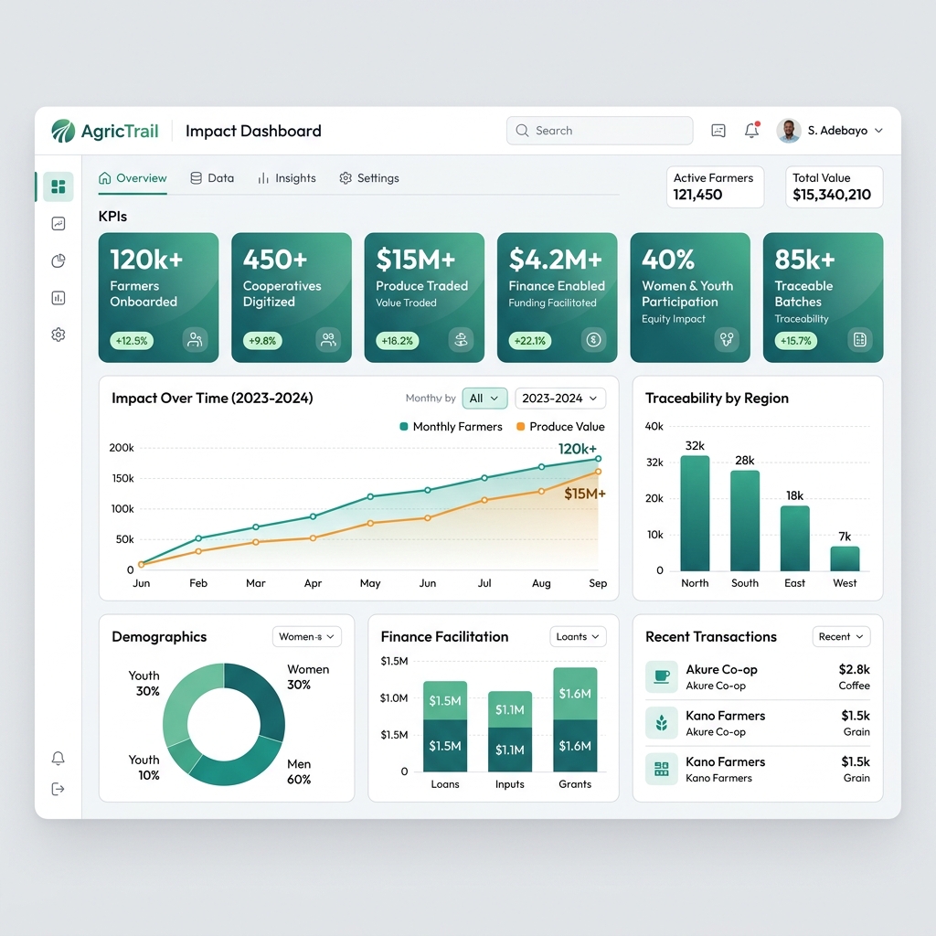 AgricTrail Impact Dashboard showing key agricultural statistics, farmer visibility, cooperative activity, trade performance, finance readiness, traceability data and impact indicators.