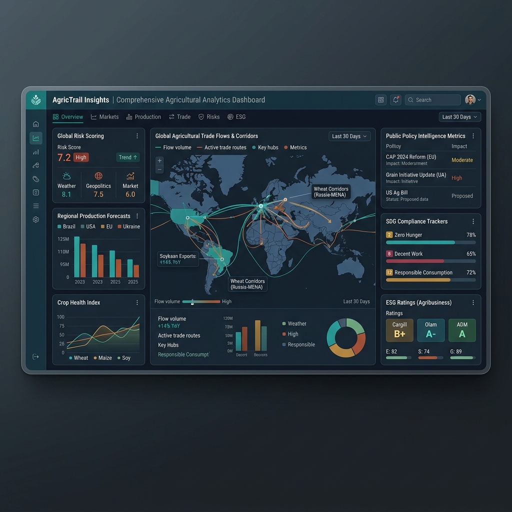 A premium investor-focused image showing an AgricTrail ecosystem map, Africa map, platform dashboard, trade centre model and growth pathway.